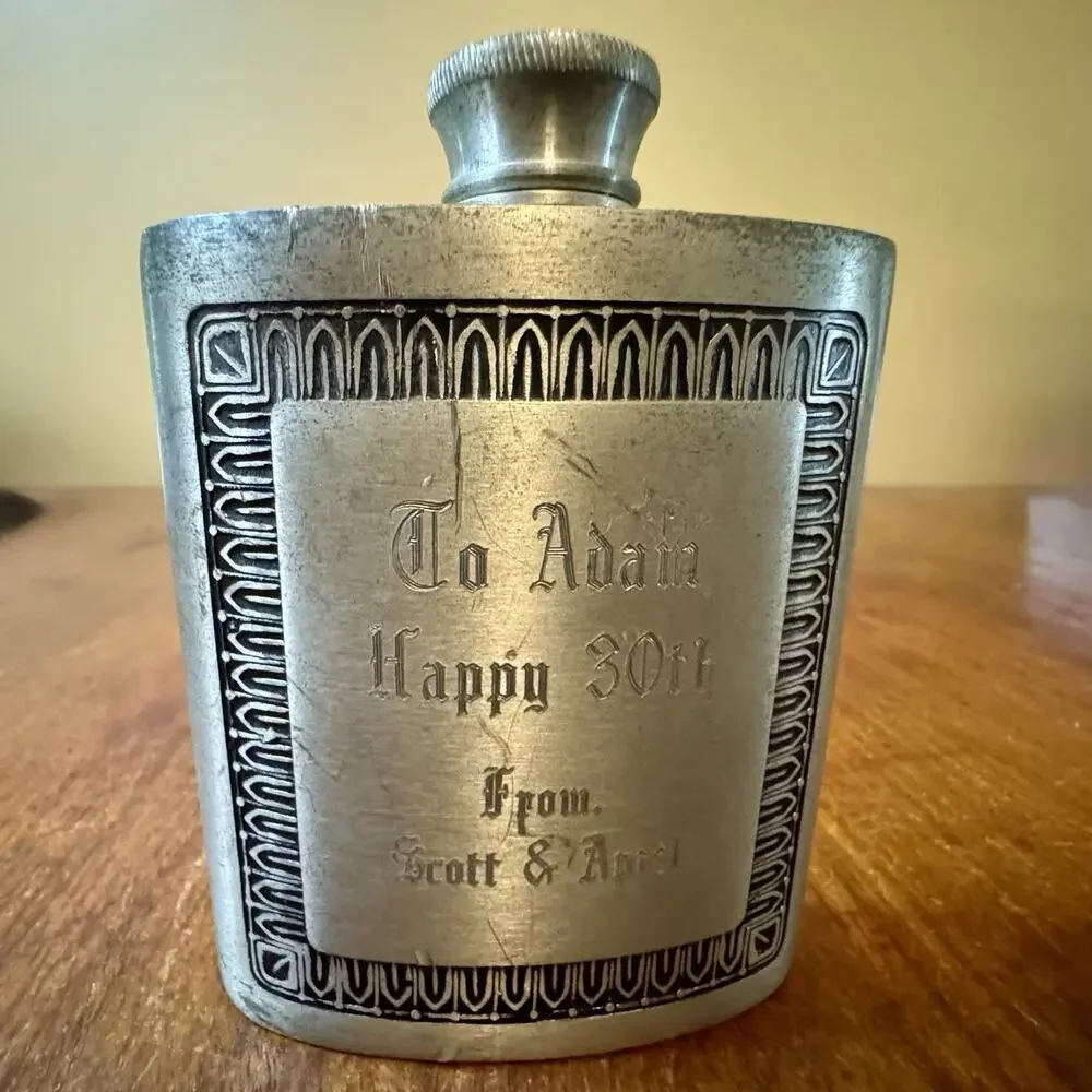 Selwin Pewter 6 oz Hip Flask Engraved Vintage Screw Cap Sheffield England
